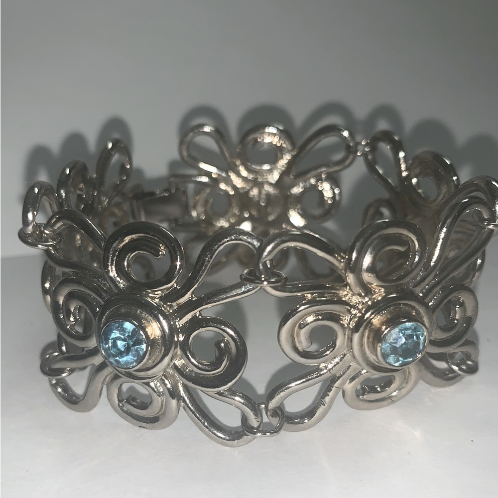 Vintage 90s Avon Bracelet Floral Silver Tone with Blue Stones